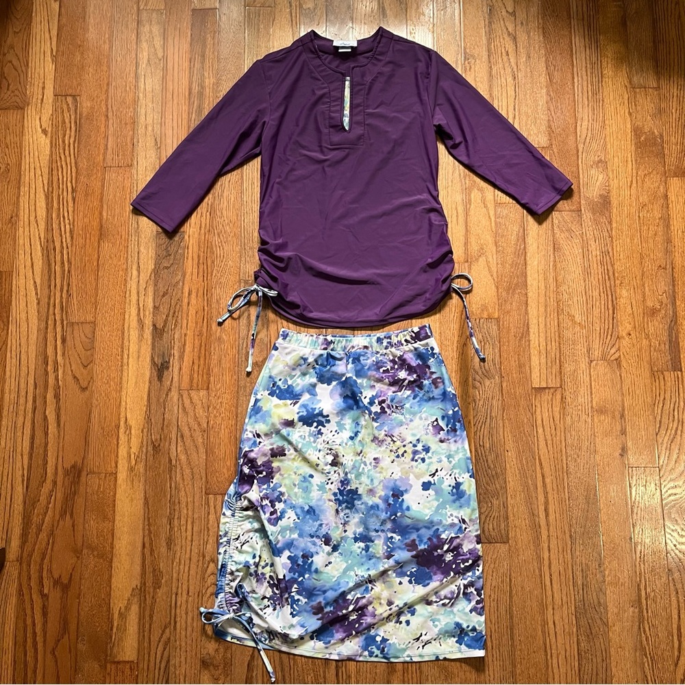 Modest Women’s Swim Top and Skirt Set; Purple/White/Watercolor print